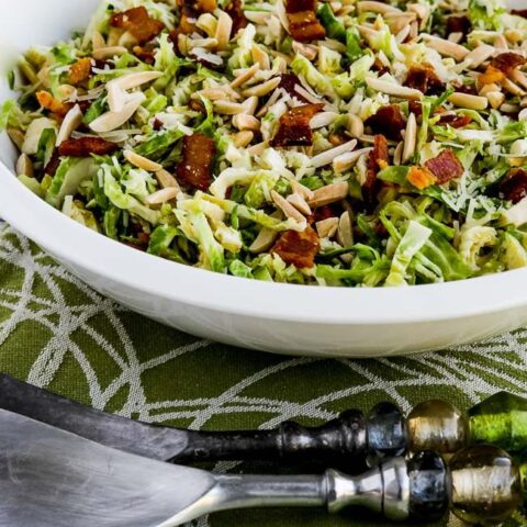 Low-Carb Brussels Sprouts Salad with Bacon, Almonds, and Parmesan found on KalynsKitchen.com