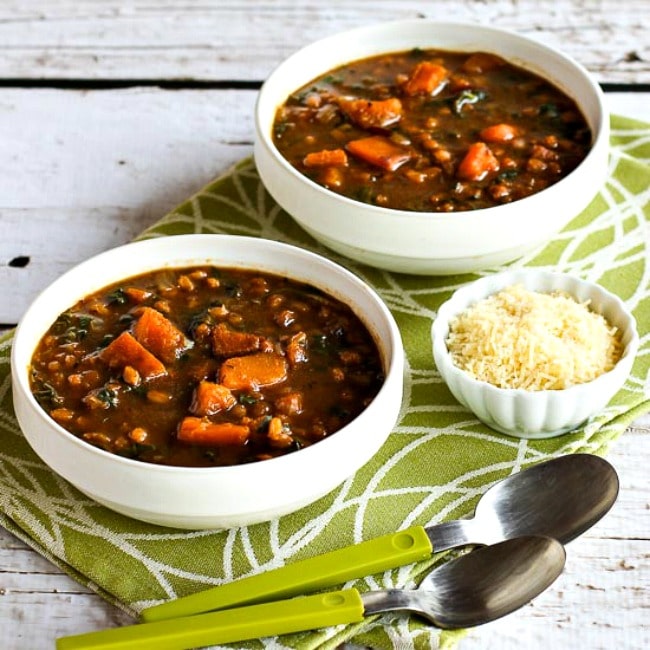 Butternut Squash and Kale Soup finished soup in bowls