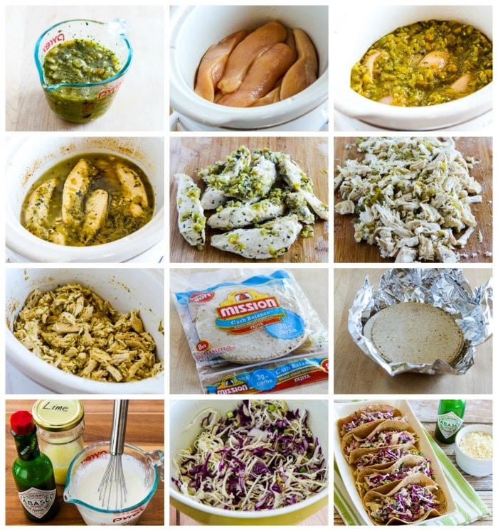 Low-Carb Slow Cooker Green Chile Chicken Tacos process shots collage