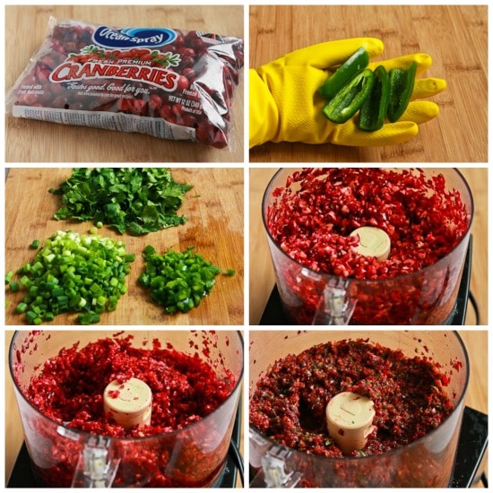 Trina's Low-Sugar Fresh Cranberry Salsa Recipe with Cilantro, Lime, and Jalapeno found on KalynsKitchen.com