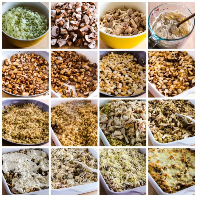 Low-Carb Turkey Casserole with Mushrooms, Mozzarella, and Cauliflower Rice process shots collage