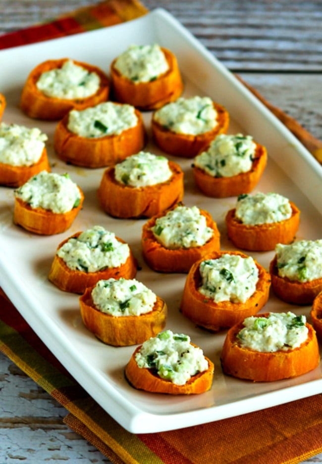 Sweet Potato Appetizer Bites with Feta and Green Onion close-up photo