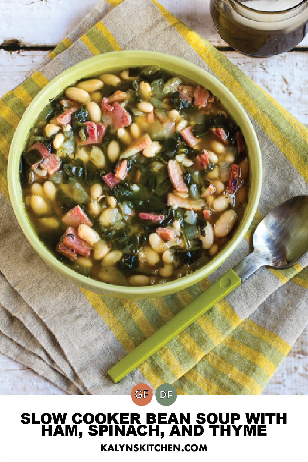 Pinterest image of Slow Cooker Bean Soup with Ham, Spinach, and Thyme