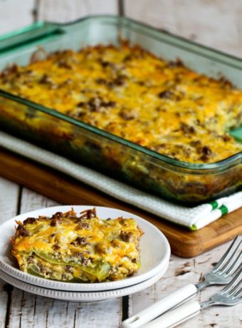 Beefy and Cheesy Low-Carb Green Chile Bake found on KalynsKitchen.com