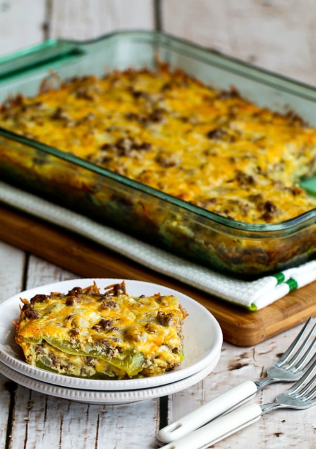 Beefy and Cheesy Low-Carb Green Chile Bake found on KalynsKitchen.com