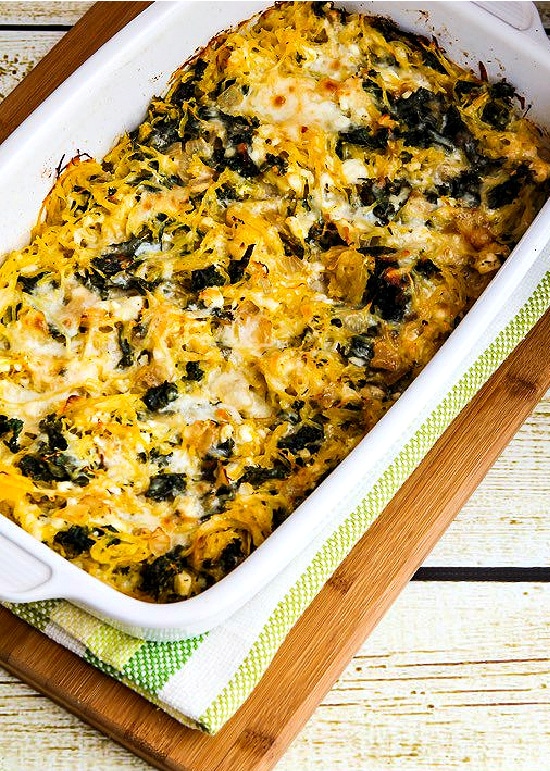 Twice-Baked Spaghetti Squash with Kale and Feta finished recipe in baking dish