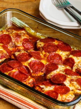 Pepperoni Pizza Chicken Bake finished pizza bake in baking dish