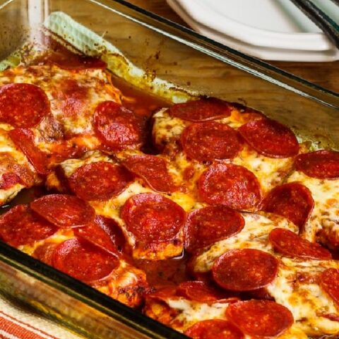 Pepperoni Pizza Chicken Bake finished pizza bake in baking dish