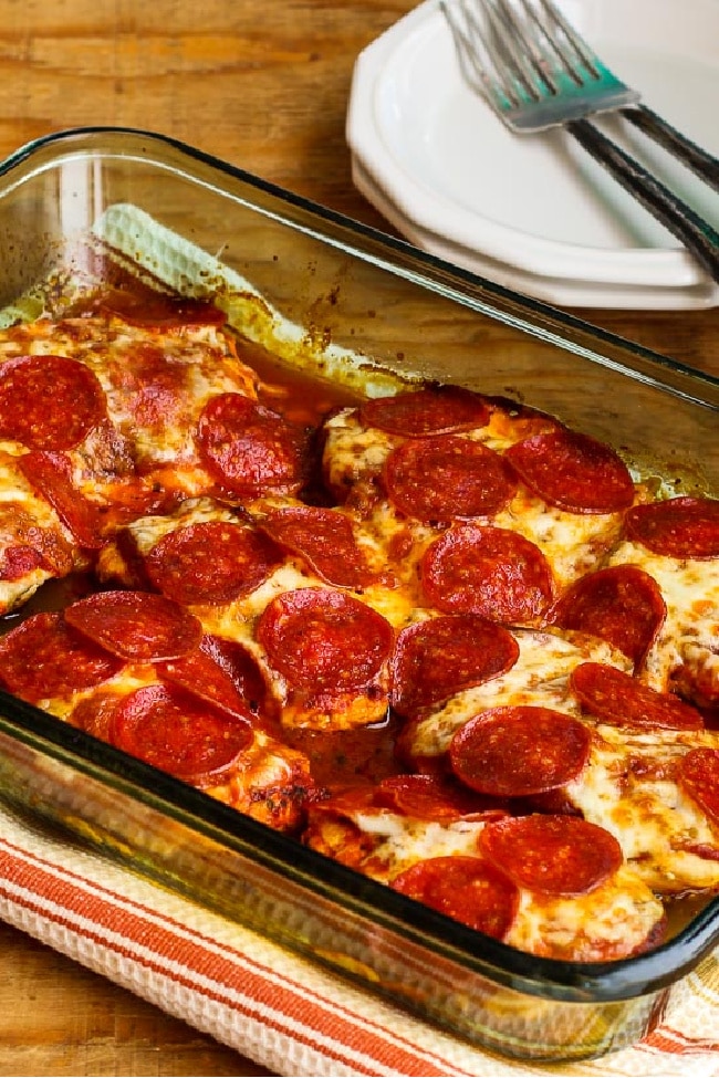 Pepperoni pizza, baked chicken pizza, ready made pizza in the baking dish