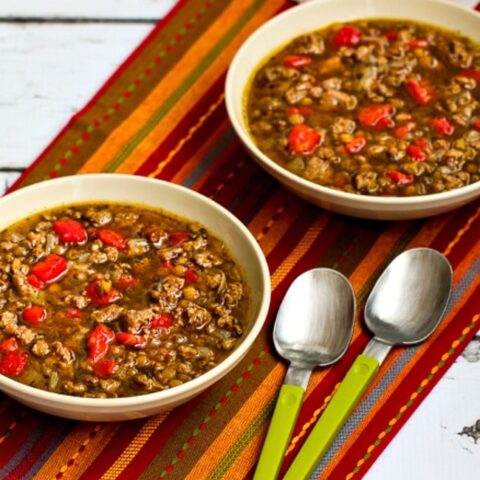 Lentil Soup with Sausage and Roasted Red Pepper finished soup in serving bowls