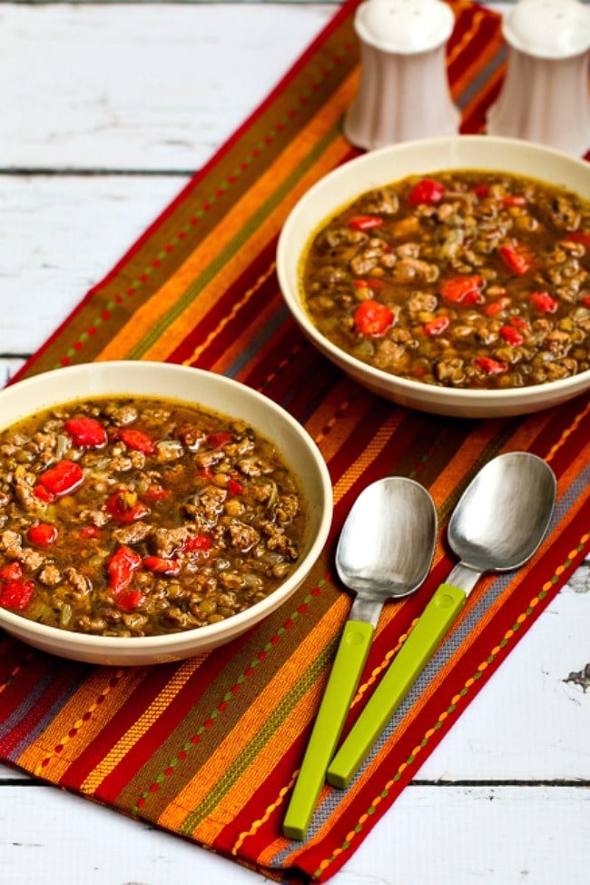 Lentil Soup with Sausage and Roasted Red Pepper finished soup in serving bowls