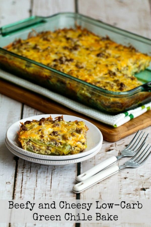Beefy and Cheesy Low-Carb Green Chile Bake found on KalynsKitchen.com