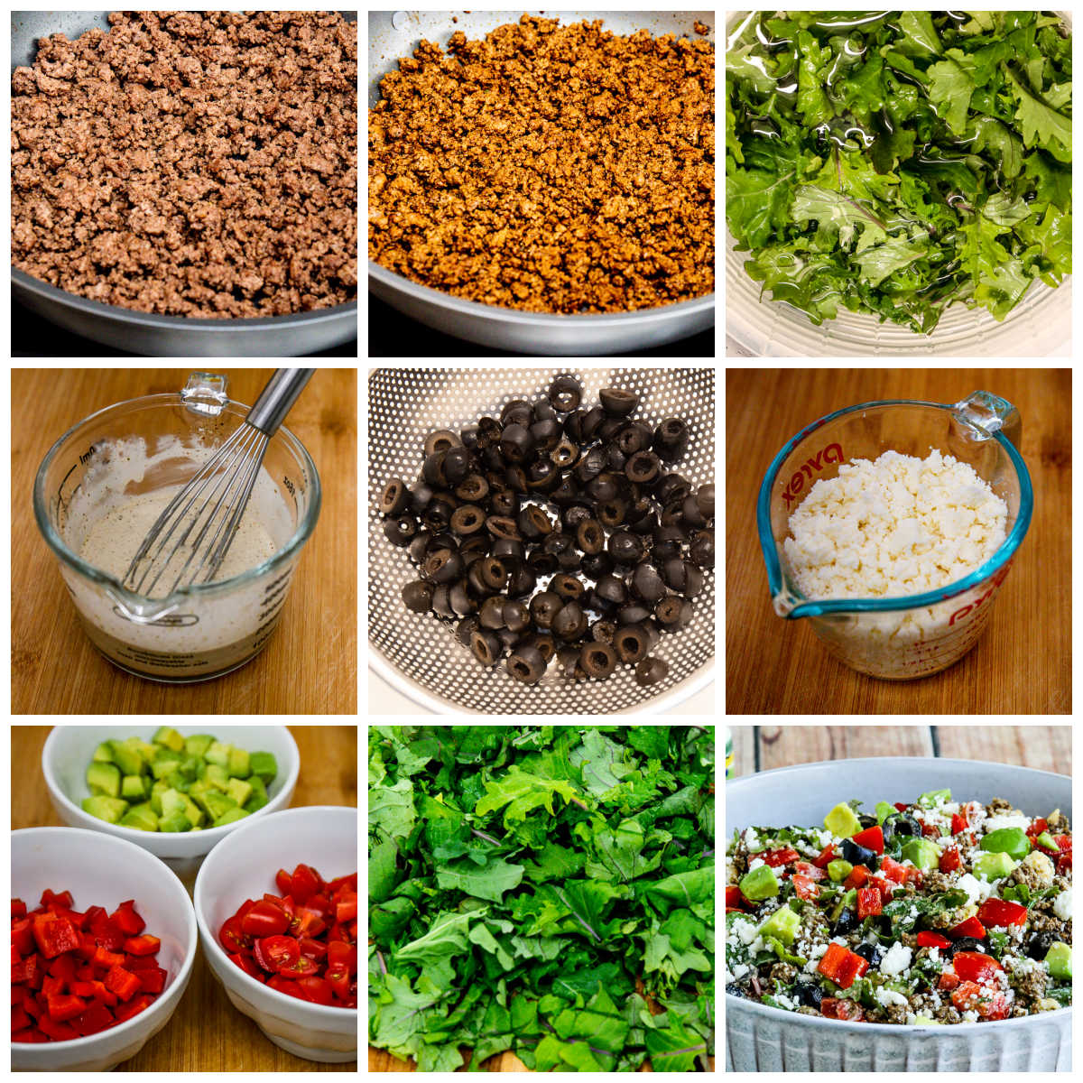 Process shots collage for Ground Beef Taco Salad with Kale, Tomatoes, and Avocado.