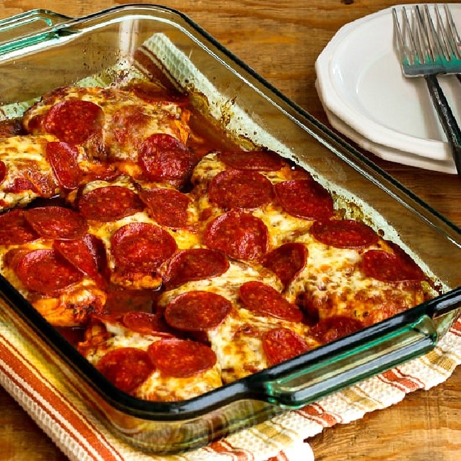 Pepperoni Pizza Chicken Bake square image of finished pizza bake in baking dish