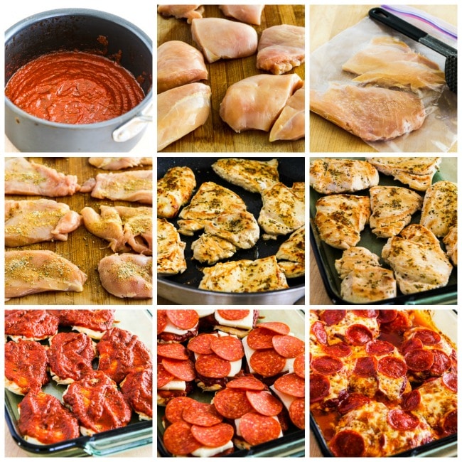 Low-Carb Pepperoni Pizza Chicken Bake process shots collage