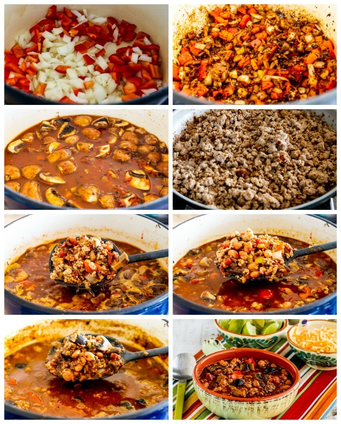 Turkey chili with peppers, mushrooms and olives process shots collage