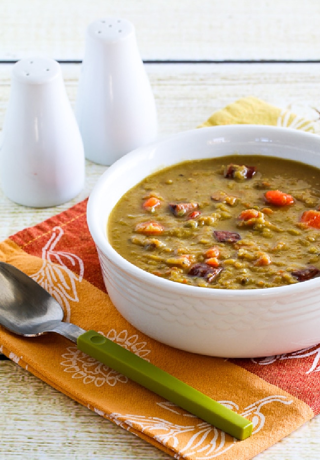 Slow Cooker Split Pea Soup with Sausage finished soup in serving bowl