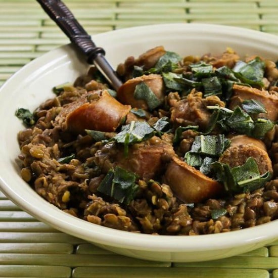 Sausage and Lentils with Fried Sage found on KalynsKitchen.com