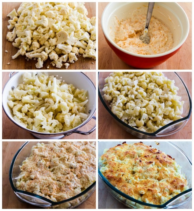 Low-Carb Cauliflower Gratin with Sharp Cheddar and Parmesan process shots collage