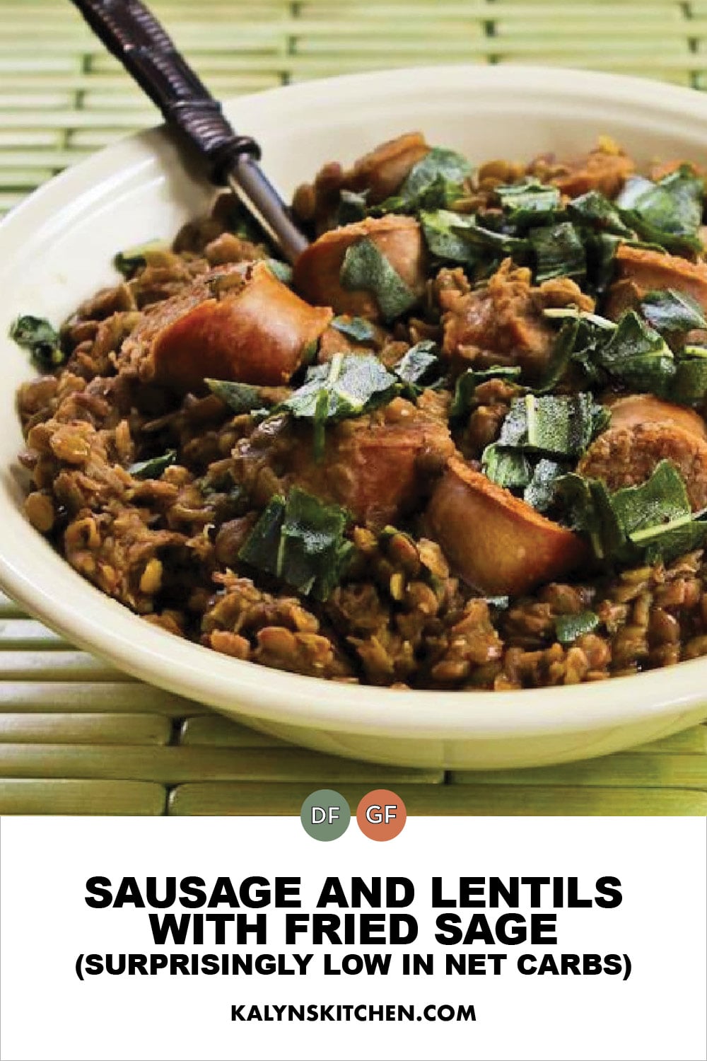 Pinterest image of Sausage and Lentils with Fried Sage