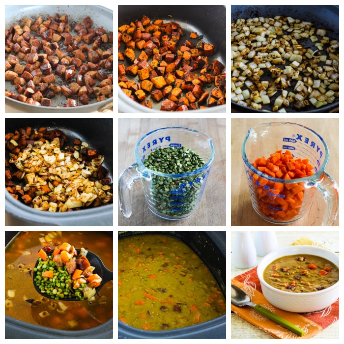 Slow Cooker Split Pea Soup with Sausage process shots collage