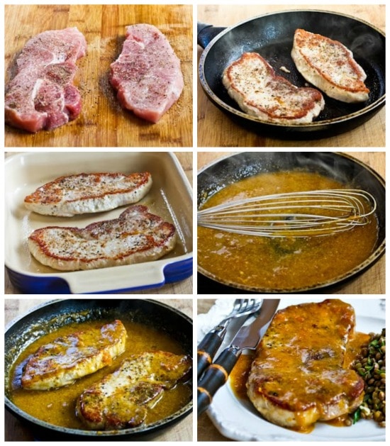 Pan-Fried and Roasted Pork Chops with Apricot-Dijon Sauce found on KalynsKitchen.com