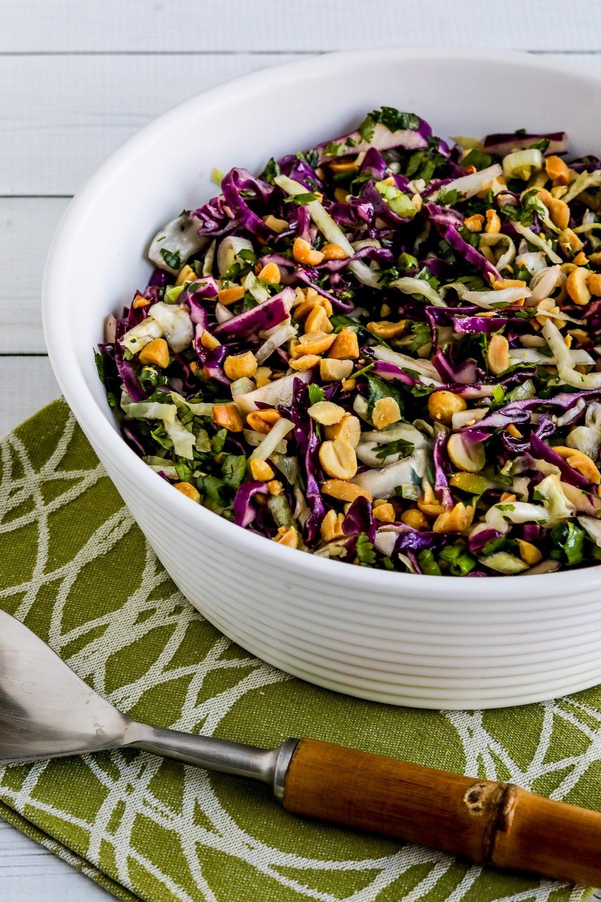 Thai Cabbage Salad shown in serving bowl.
