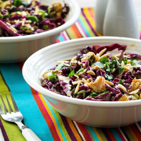 Asian Red Cabbage Salad with Chicken shown in two serving bowls with forks.