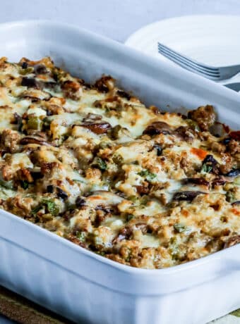 Square image for Ground Turkey Casserole with Cauliflower Rice in baking dish.