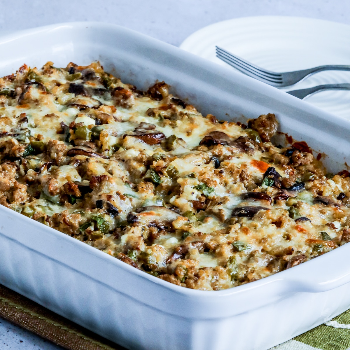 Square image for Ground Turkey Casserole with Cauliflower Rice in baking dish.