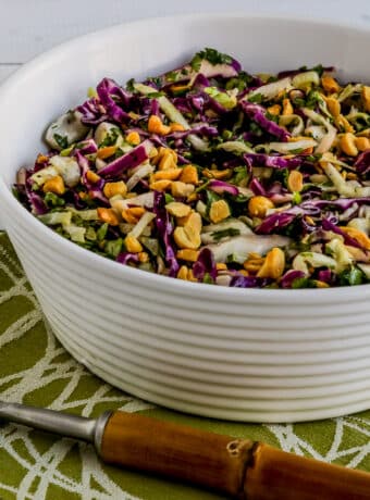 Thai Cabbage Salad in white bowl, square image.