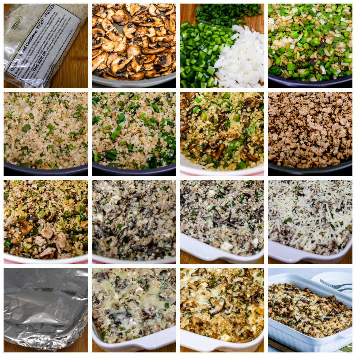Process shots collage for Ground Turkey Casserole with Cauliflower Rice showing recipe steps.