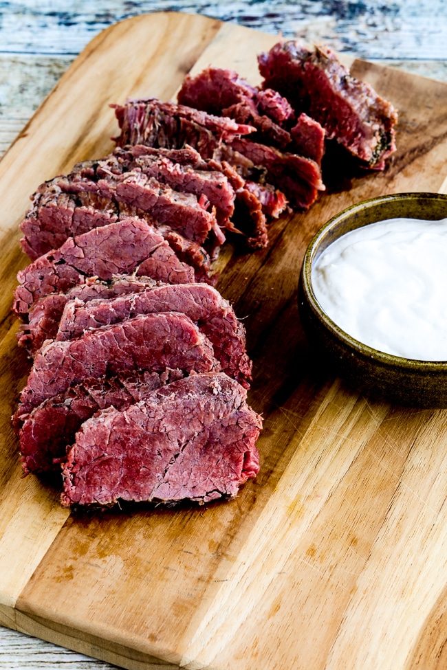 Instant beef with creamy horseradish sauce, close-up