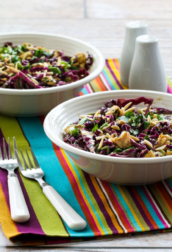 cropped image of Red Cabbage and Chicken Asian Salad in two serving bowls with forks and salt-pepper