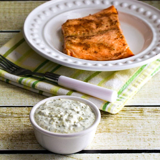 Double-Dill Homemade Tartar Sauce square image of finished sauce with fish