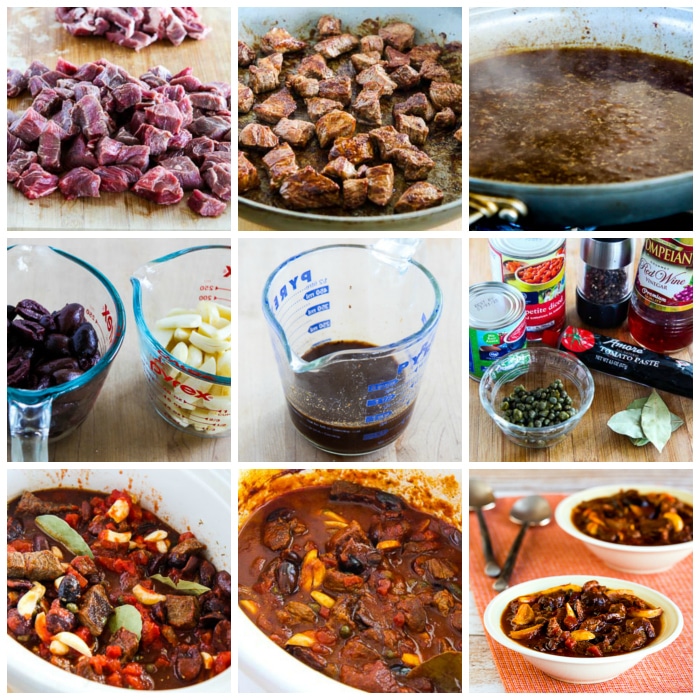 Garlic Lover's Crockpot Beef Stew with Olives, Capers, and Tomatoes process shots collage