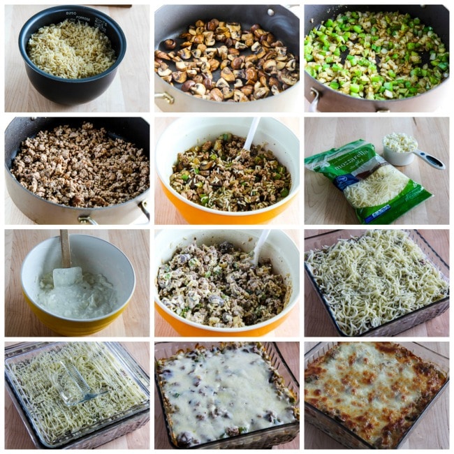 Brown Rice Casserole with Turkey, Peppers, Mushrooms, and Feta process shots collage