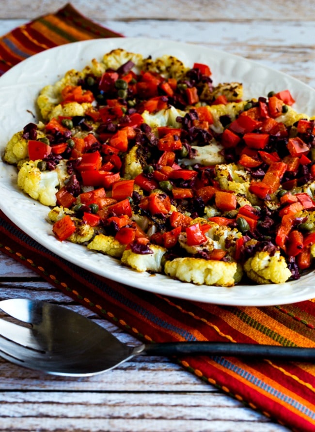 Low-Carb Roasted Cauliflower Slices with Red Pepper, Capers, Lemon, and Olives found on KalynsKitchen.com