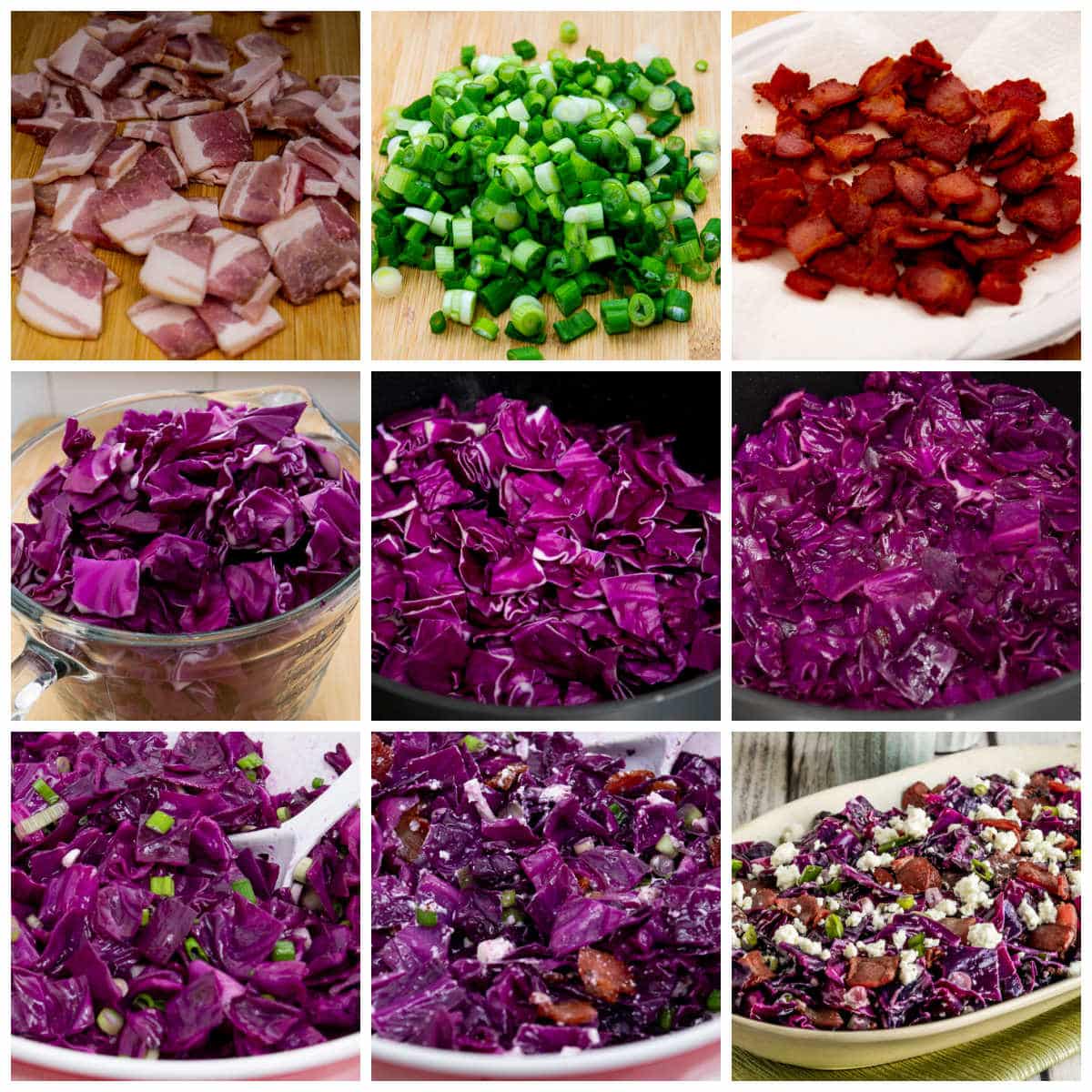 Collage of Red Cabbage Salad Recipe Steps with Bacon and Goat Cheese