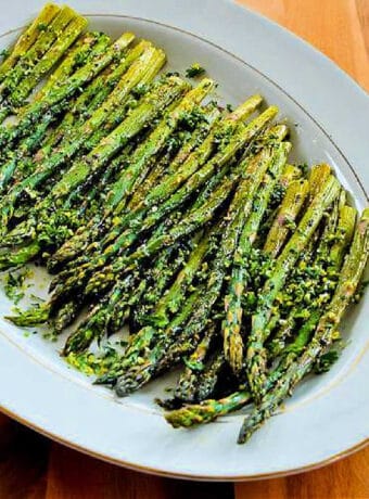 Roasted Asparagus with Gremolata on serving platter.
