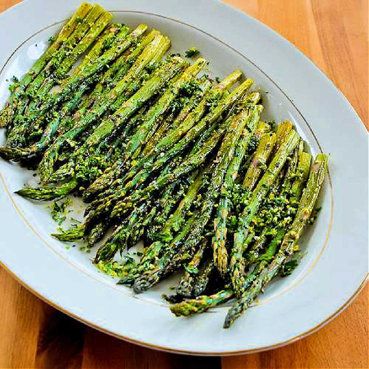 Roasted Asparagus with Gremolata on serving platter.