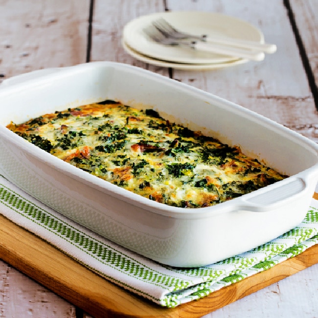 Kale, Bacon, and Cheese Breakfast Casserole square image of finished casserole