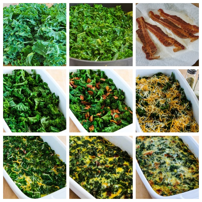 Kale, Bacon, and Cheese Breakfast Casserole process shots collage