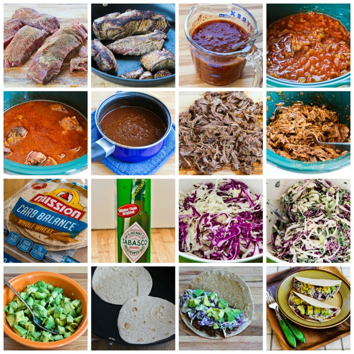 Shredded Beef Tacos with Spicy Slaw and Avocado process shots collage