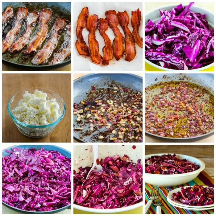Warm Red Cabbage Salad with Bacon and Goat Cheese process shots collage