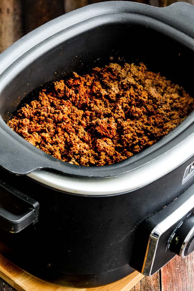 Slow Cooker Taco Meat shown finished in the slow cooker.