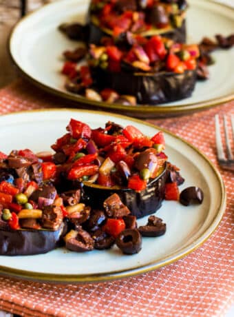 Square image of Mediterranean Eggplant on two serving plates.