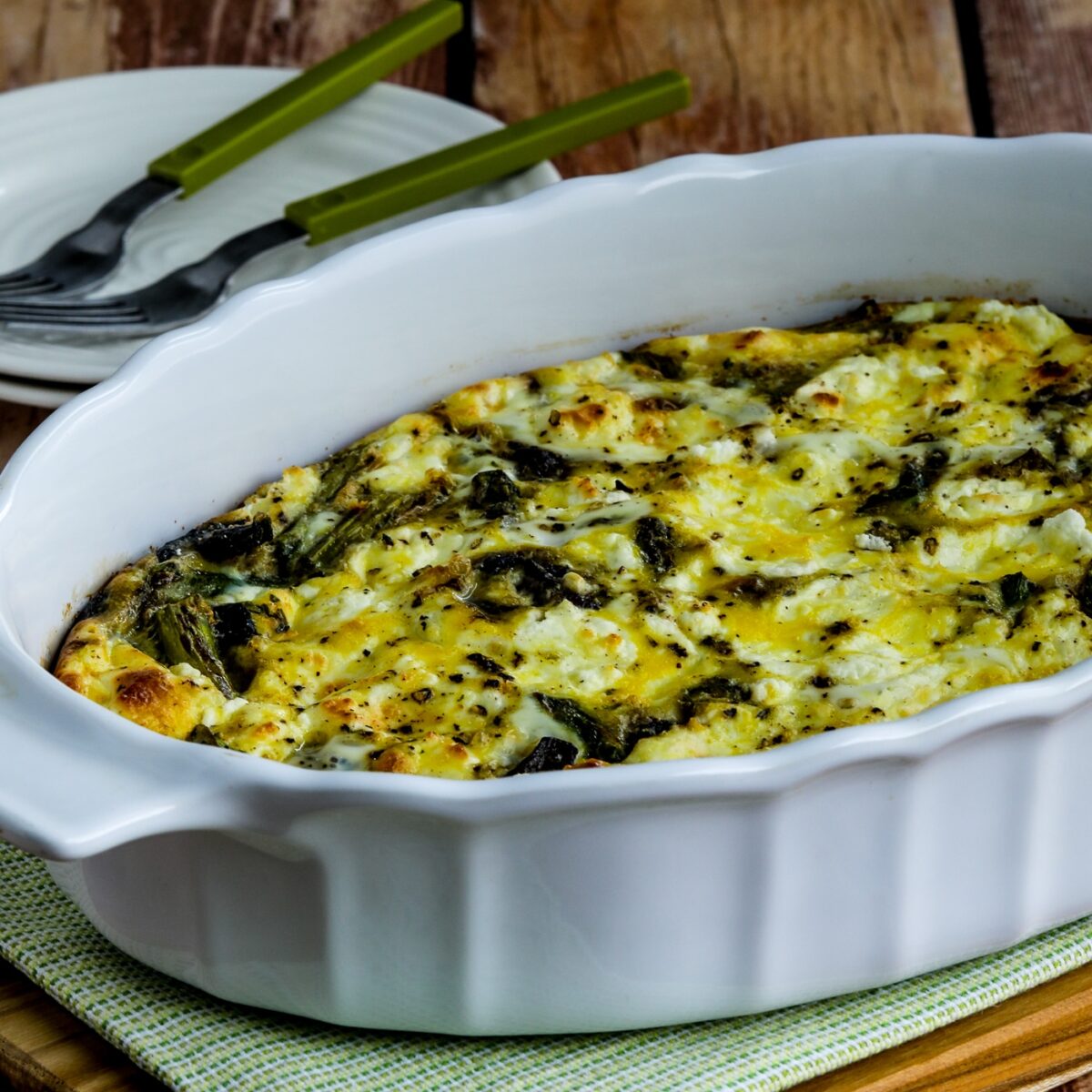 Asparagus, Mushroom, and Goat Cheese Breakfast Casserole thumbnail image shown in baking dish