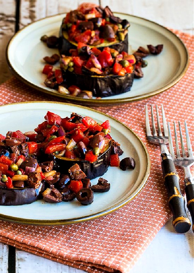 Roasted Eggplant with Mediterranean Salsa finished dish on serving plates