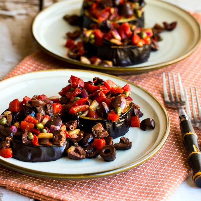 Roasted Eggplant with Mediterranean Salsa square thumbnail image of finished dish on two serving plates